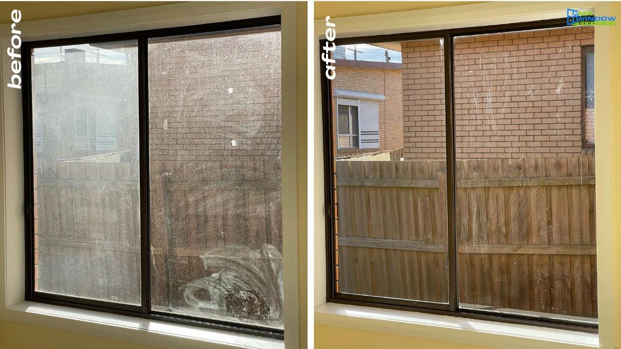 Hard water stain removal — full window before and after